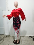 Women Summer Lace-Up Print Dress Two-Piece Set
