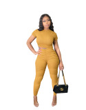 Women Ruched Short Sleeve Top and Pant Two-Piece Set