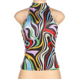 Women Summer Halter Neck Lace-Up Sleeveless Backless Print Top
