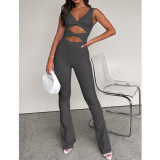 Women Solid Color Slim Cut Out Knot Bell Bottom Jumpsuit