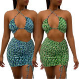 Women Sexy Print Drawstring Crop Top and Skirt Two-Piece Set