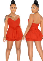 Women Summer Sexy Ruffle Edge Lace-Up Top and Short Two-Piece Set