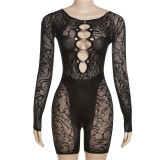 Summer Women Sexy See-Through Cutout Long Sleeve Romper