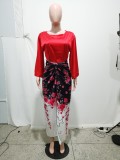 Women Summer Lace-Up Print Dress Two-Piece Set