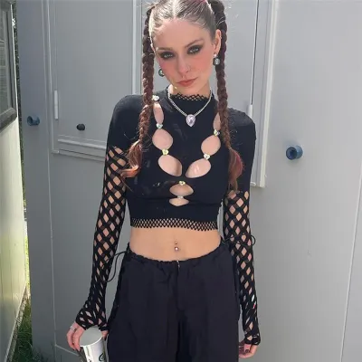 Summer Women Sexy Mesh See-Through Cutout Round Neck Long Sleeve Top