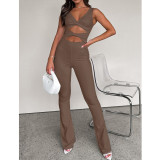 Women Solid Color Slim Cut Out Knot Bell Bottom Jumpsuit