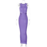 Women Summer Solid Color Cutout Round Neck Sleeveless Dress