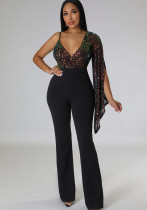 Trousers Sequined V-neck Strapless One Shoulder Cape Sexy Nightclub Jumpsuit