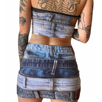Women's Summer Fashion Print Crop Strapless Top Slim Skirt Set