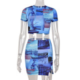 Women's Two-Piece Summer Print Slim Fit Street Sexy Skirt Set