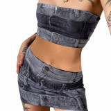 Women's Summer Fashion Print Crop Strapless Top Slim Skirt Set
