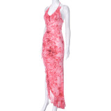 Women's Summer Casual Print Sleeveless Ruffle Edge Low Back Halter Neck Lace-Up Dress