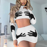 Printed Long Sleeve Top Tight Fitting Short Skirt Crop Two-Piece Skirt Set