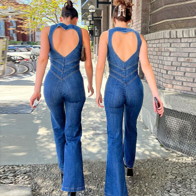 Women's Summer Slim Fit Fashion Low Back Retro High Waist Denim Jumpsuit