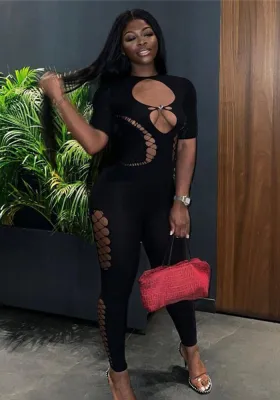 Summer Women's Sexy Hollow See-Through Short Sleeve High Waist Tight Fitting Knitting Jumpsuit Women