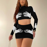 Printed Long Sleeve Top Tight Fitting Short Skirt Crop Two-Piece Skirt Set