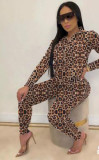 Women's Patchwork Camouflage Leopard Print Casual Zip-Up Two-Piece