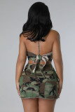 Women's Halter Neck Low Back Trendy Camouflage High Waist Skirt Slit Fashion Sexy Skirt Set