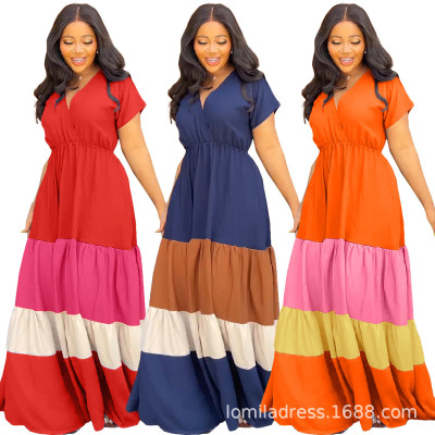 Women's spring and summer short-sleeved v-neck elastic waist color matching loose long dress