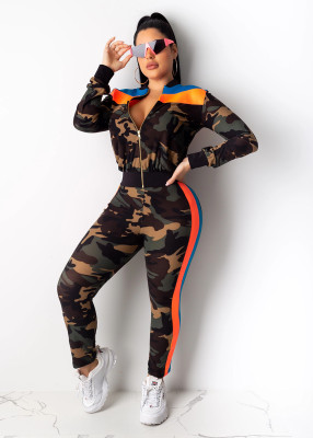Women's Fashionable Camouflage Print Colorblock Long Zippered Two-Piece Suit