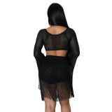 Fashion skirt suit tassel pure color mesh sexy nightclub two-piece set for women