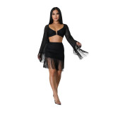 Fashion skirt suit tassel pure color mesh sexy nightclub two-piece set for women