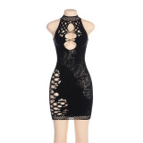 Sexy Club Style Women's Cutout Short Skirt Pullover Round Neck Sleeveless Tight Fitting See-Through Dress