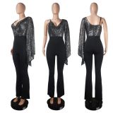 Trousers Sequined V-neck Strapless One Shoulder Cape Sexy Nightclub Jumpsuit