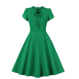 Solid Color Vintage Short Sleeve Lace-Up Round Neck Fashion Swing Dress