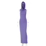 Women's Summer Fashion Solid Color Hooded Back Slit Sleeveless Dress
