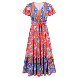 Women's Summer V-Neck Ruffle Sleeve Floral Print Long Dress