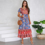 Women's Summer V-Neck Ruffle Sleeve Floral Print Long Dress