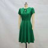 Solid Color Vintage Short Sleeve Lace-Up Round Neck Fashion Swing Dress