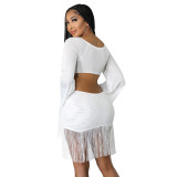 Fashion skirt suit tassel pure color mesh sexy nightclub two-piece set for women