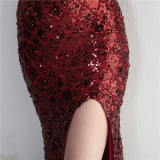 Sequined Strap Slit Bodycon Sexy Long Evening Dress