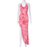 Women's Summer Casual Print Sleeveless Ruffle Edge Low Back Halter Neck Lace-Up Dress