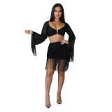 Fashion skirt suit tassel pure color mesh sexy nightclub two-piece set for women