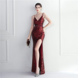 Sequined Strap Slit Bodycon Sexy Long Evening Dress