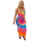 Ladies Tie Dye Digital Print Sleeveless Strap Dress Maxi Dress Club Dress