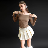 Women's Spring Summer Off Shoulder Long Sleeve Tight Fitting Pleated T-Shirt Top