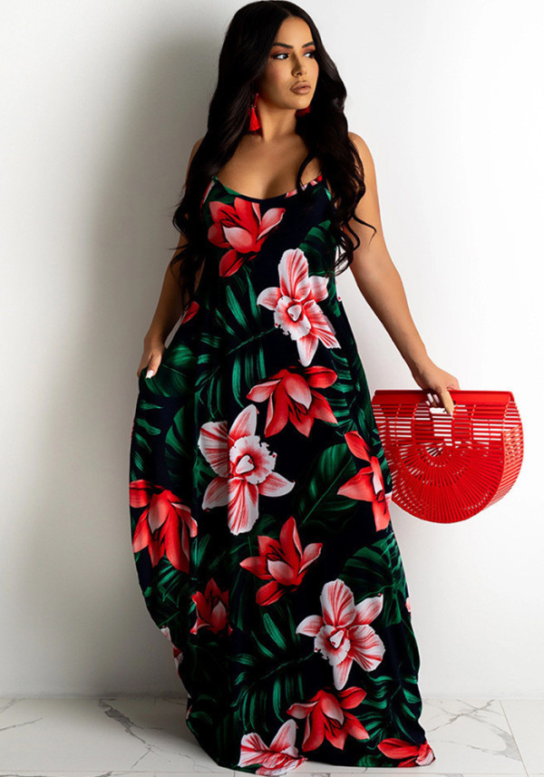 Summer Ladies Floral Print Loose Strap Dress Maxi dress