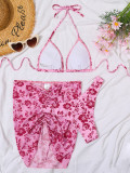 Floral Triangle Cup Lace-Up Sexy Bikini Three-Piece Swimsuit