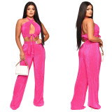 Sleeveless solid Halter Neck top Two Piece Casual Women's pants set