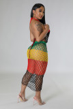 Women's long woven color block hollow out beach dress