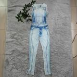 Ladies Summer Trend Denim Pattern Print Sleeveless Zipper Ladies Jumpsuit