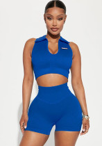 Klein Blue Solid Color Turndown Collar Sleeveless Pullover Yoga top + High Waist Shorts Sports Yoga Two-piece Set for Women