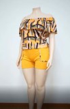 Summer Contrast Geometric Print Plus Size Women's Casual Off Shoulder Two-Piece shorts set