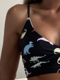 black v-neck cartoon dinosaur print v-neck high waist sexy two piece bikini swimsuit