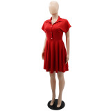 polo collar button up high waist a-line summer short-sleeved dress