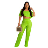 Women's Pleated Ruffle Off Shoulder crop top Wide Leg Pants two piece Set